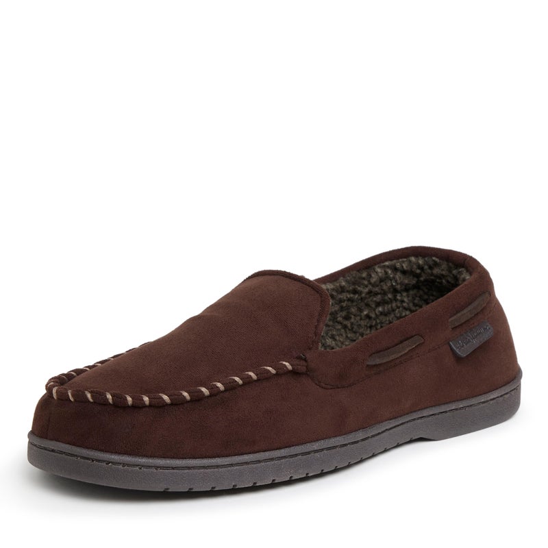 Dearfoams Men's Keaton Memory Foam Moccasin with Wide Widths Slipper, Coffee Microsuede, X-Large - Image 1